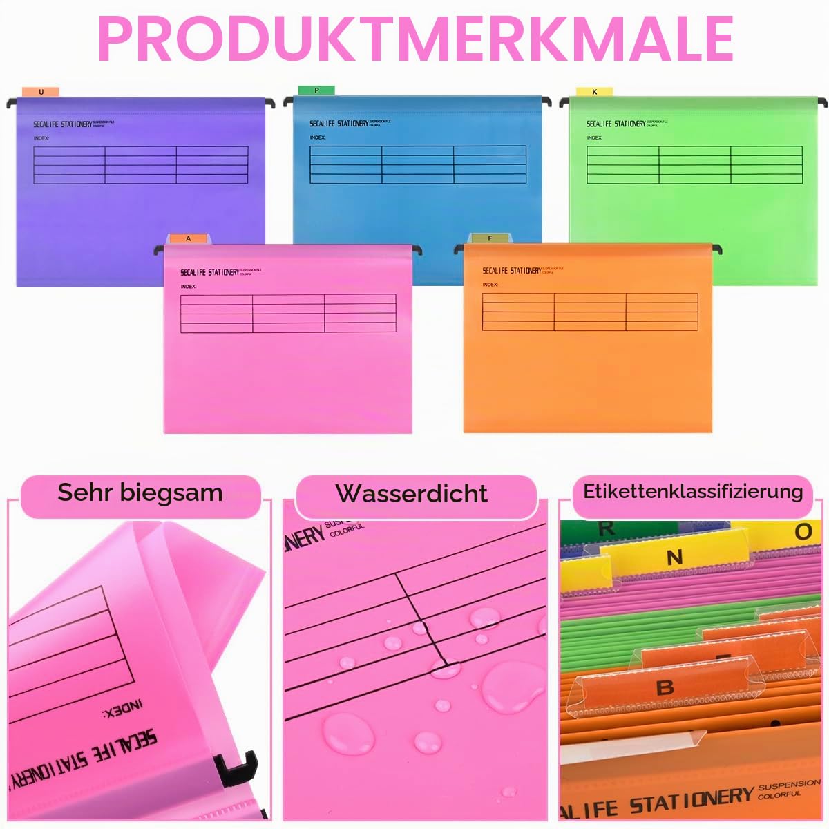 A4 Hängemappen 24 Stück für Aktenschränke,Polypropylen für Hängemappe mit Tabs und Karteneinsätzen und löschbarem Stift für Büro, Schule, Schreibtisch,Hängemappe,Sortiermappe