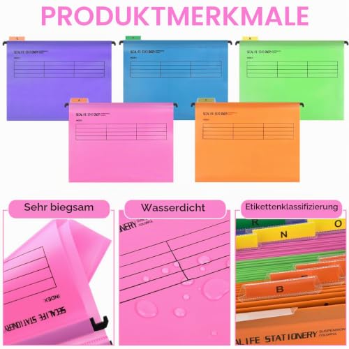A4 Hängemappen 24 Stück für Aktenschränke,Polypropylen für Hängemappe mit Tabs und Karteneinsätzen und löschbarem Stift für Büro, Schule, Schreibtisch,Hängemappe,Sortiermappe