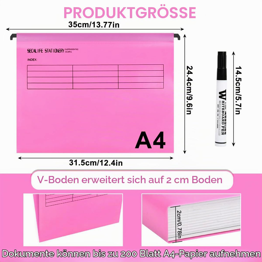 A4 Hängemappen 24 Stück für Aktenschränke,Polypropylen für Hängemappe mit Tabs und Karteneinsätzen und löschbarem Stift für Büro, Schule, Schreibtisch,Hängemappe,Sortiermappe