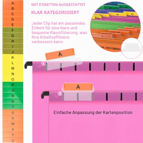 A4 Hängemappen 24 Stück für Aktenschränke,Polypropylen für Hängemappe mit Tabs und Karteneinsätzen und löschbarem Stift für Büro, Schule, Schreibtisch,Hängemappe,Sortiermappe
