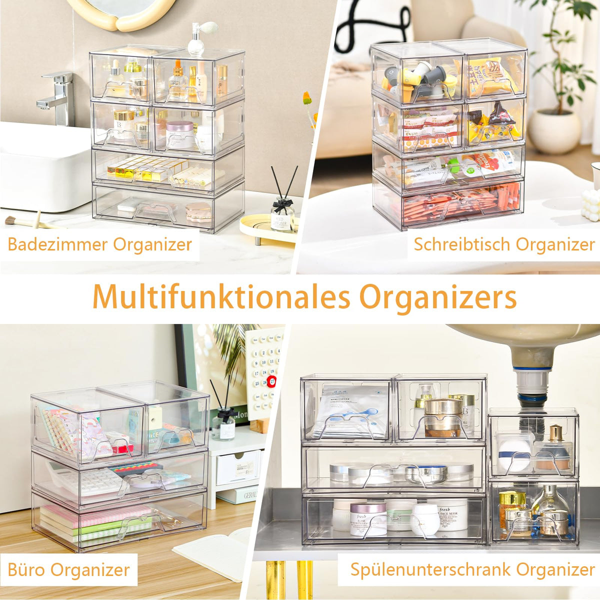 Stebopum Stapelbare Schubladenbox Kosmetik Organizer mit 3 Schubladen