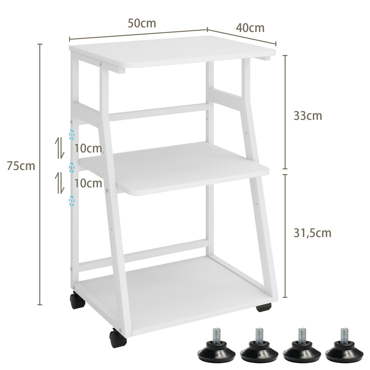 PUNCIA Druckertisch mit Rollen 3-Ebenen Druckerständer 50 x 40 cm