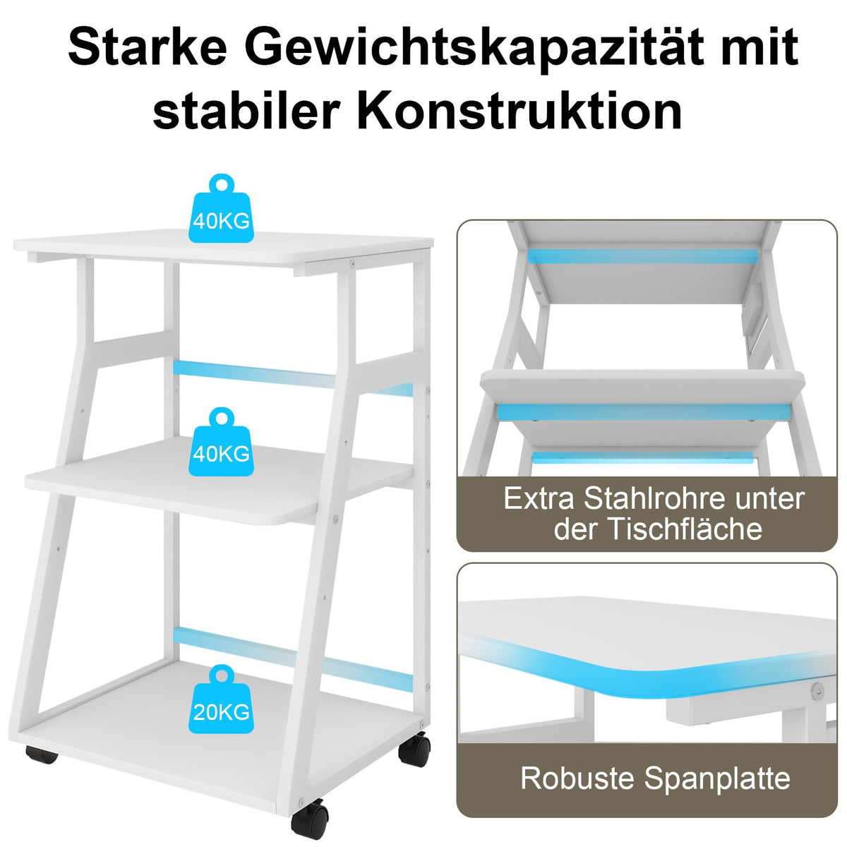 PUNCIA Druckertisch mit Rollen 3-Ebenen Druckerständer 50 x 40 cm
