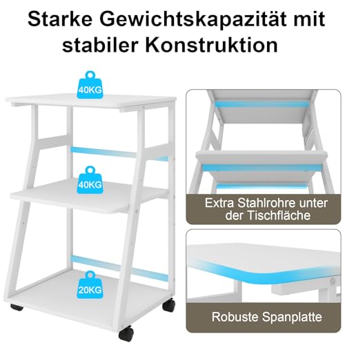 PUNCIA Druckertisch mit Rollen 3-Ebenen Druckerständer 50 x 40 cm