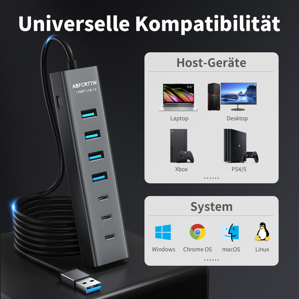 7-Port USB Hub 3.0 mit 120cm Kabel für Desktop, Aluminium USB Verteiler 5Gbps Multiport Adapter mit 4 USB-A & 3 USB-C Port, 5V 3A Type-C Port für PC, Laptop, MacBook, U-Disk, Maus