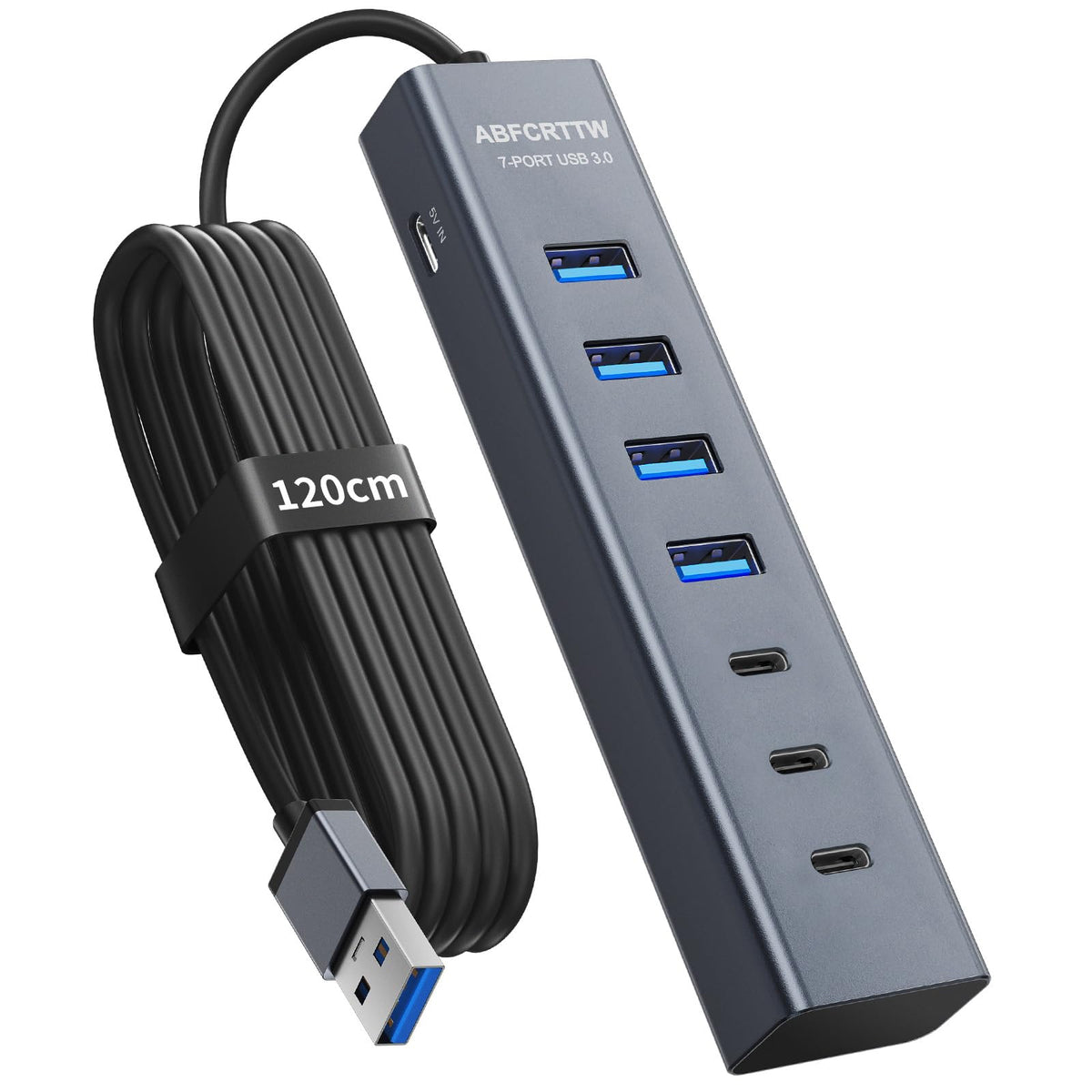7-Port USB Hub 3.0 mit 120cm Kabel für Desktop, Aluminium USB Verteiler 5Gbps Multiport Adapter mit 4 USB-A & 3 USB-C Port, 5V 3A Type-C Port für PC, Laptop, MacBook, U-Disk, Maus