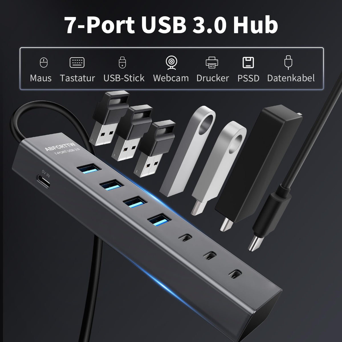 7-Port USB Hub 3.0 mit 120cm Kabel für Desktop, Aluminium USB Verteiler 5Gbps Multiport Adapter mit 4 USB-A & 3 USB-C Port, 5V 3A Type-C Port für PC, Laptop, MacBook, U-Disk, Maus