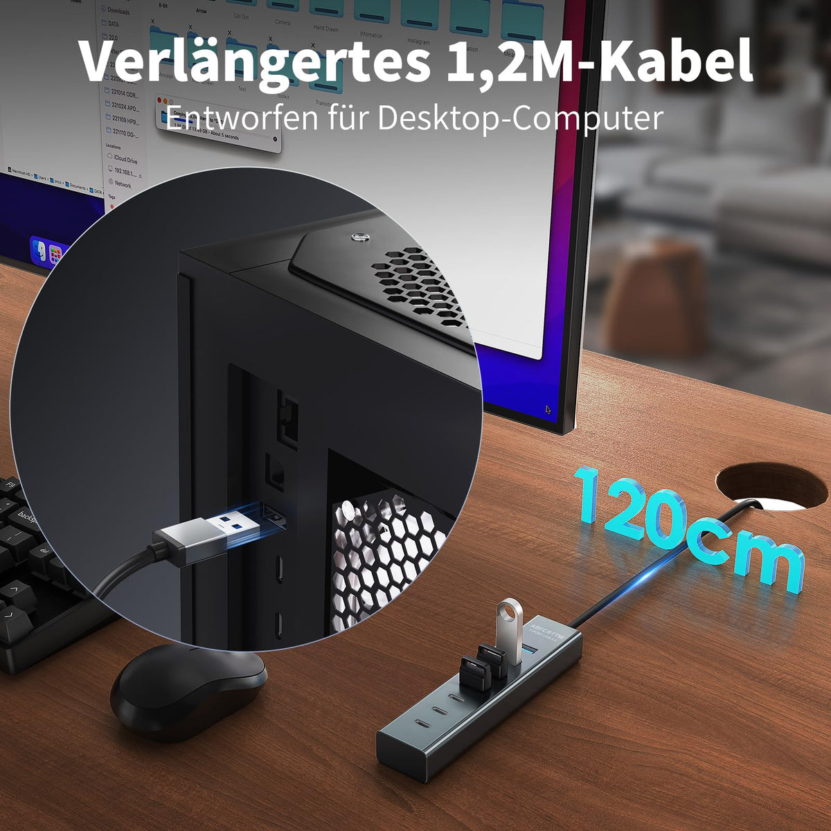 7-Port USB Hub 3.0 mit 120cm Kabel für Desktop, Aluminium USB Verteiler 5Gbps Multiport Adapter mit 4 USB-A & 3 USB-C Port, 5V 3A Type-C Port für PC, Laptop, MacBook, U-Disk, Maus