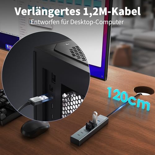 7-Port USB Hub 3.0 mit 120cm Kabel für Desktop, Aluminium USB Verteiler 5Gbps Multiport Adapter mit 4 USB-A & 3 USB-C Port, 5V 3A Type-C Port für PC, Laptop, MacBook, U-Disk, Maus