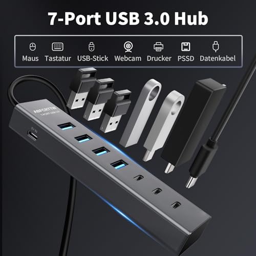 7-Port USB Hub 3.0 mit 120cm Kabel für Desktop, Aluminium USB Verteiler 5Gbps Multiport Adapter mit 4 USB-A & 3 USB-C Port, 5V 3A Type-C Port für PC, Laptop, MacBook, U-Disk, Maus