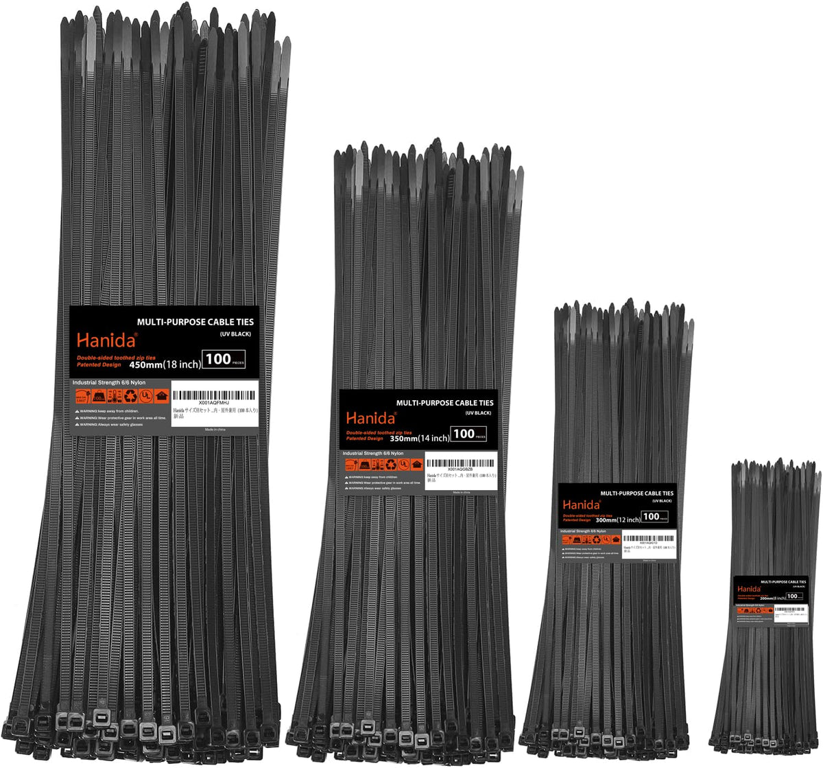 kabelbinder set in verschiedenen Größen (400 Stück)20+30+35+45cm, beidseitig gezahnt, 45kg Zugfestigkeit stark duty Kabelschnäure aus strapazierfährem Nylon, geeignet für Innen und Außenbereich