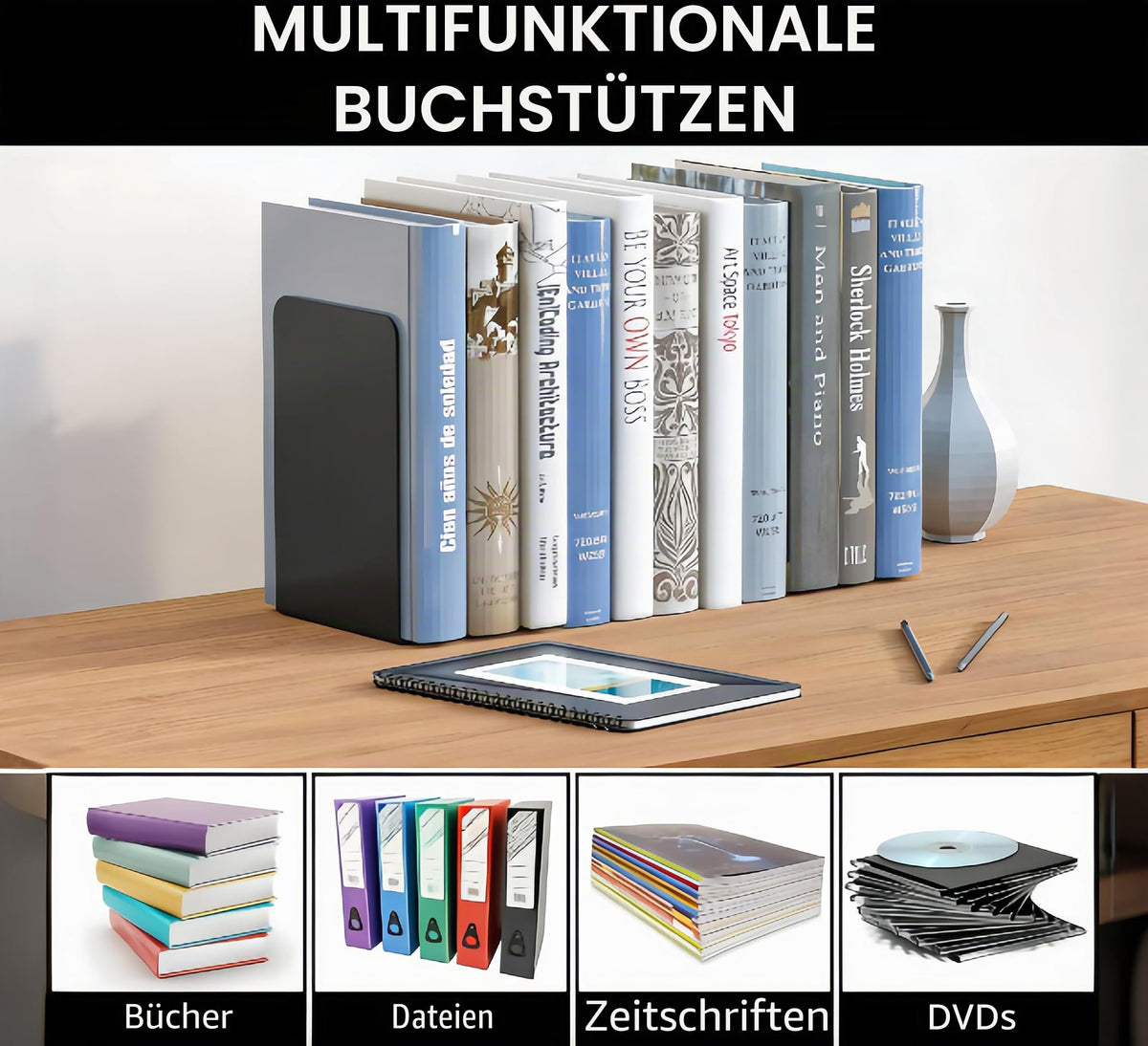 6 Stück Buchstütze, 20.5x13.5x9.3cm, Buchstützen aus Metall, Schwere Buchstütze für Büro Schule Zuhause Bibliothek