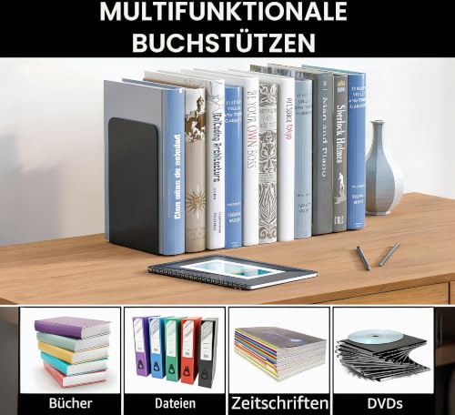 6 Stück Buchstütze, 20.5x13.5x9.3cm, Buchstützen aus Metall, Schwere Buchstütze für Büro Schule Zuhause Bibliothek