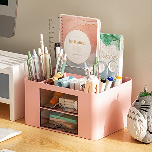 Marbrasse Schreibtisch Organizer mit Schubladen,Multifunktional Stiftehalter Schreibtisch mit 7 Fächer 2 Schubladen,Büro Organizer Zubehör(Rosa)