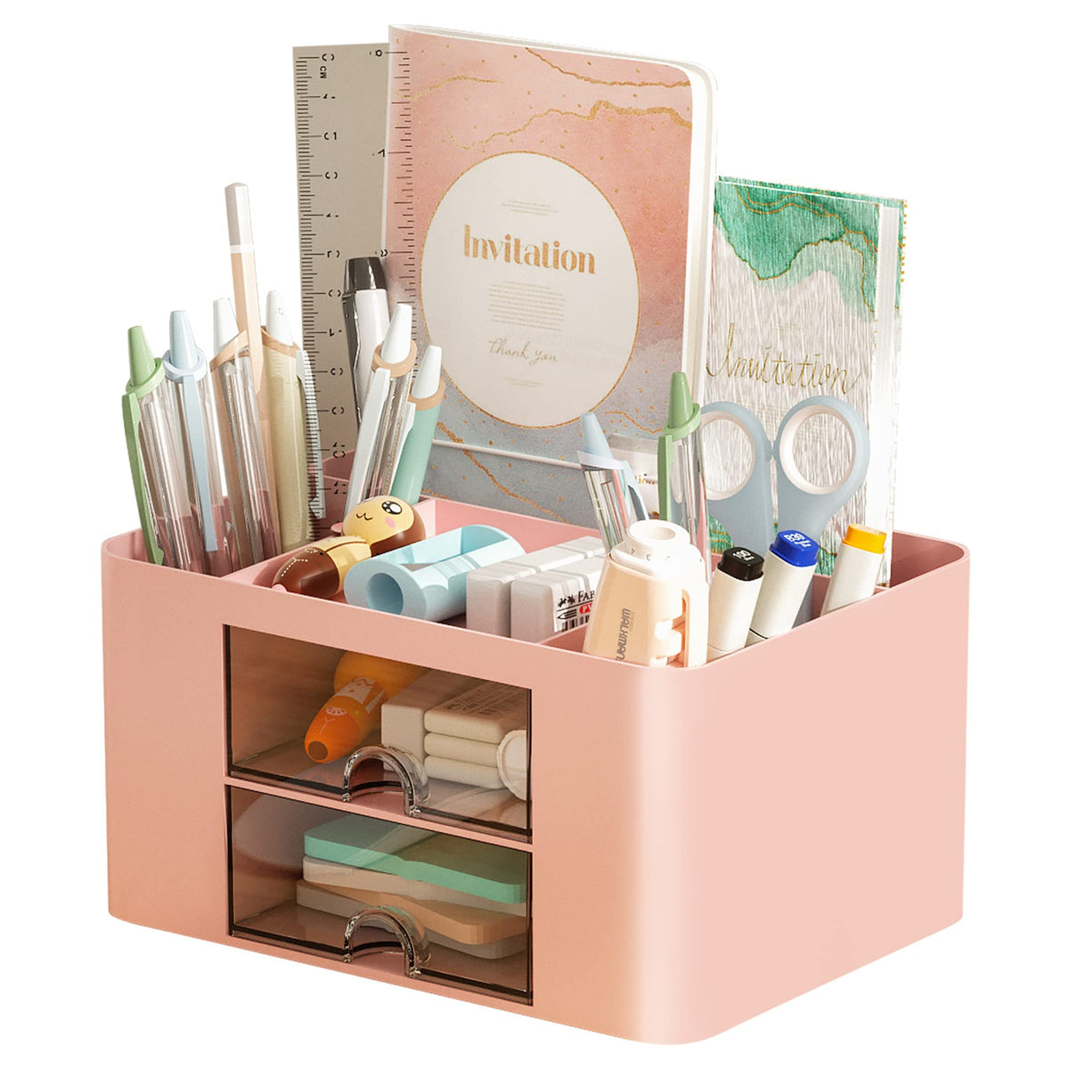 Marbrasse Schreibtisch Organizer mit Schubladen,Multifunktional Stiftehalter Schreibtisch mit 7 Fächer 2 Schubladen,Büro Organizer Zubehör(Rosa)