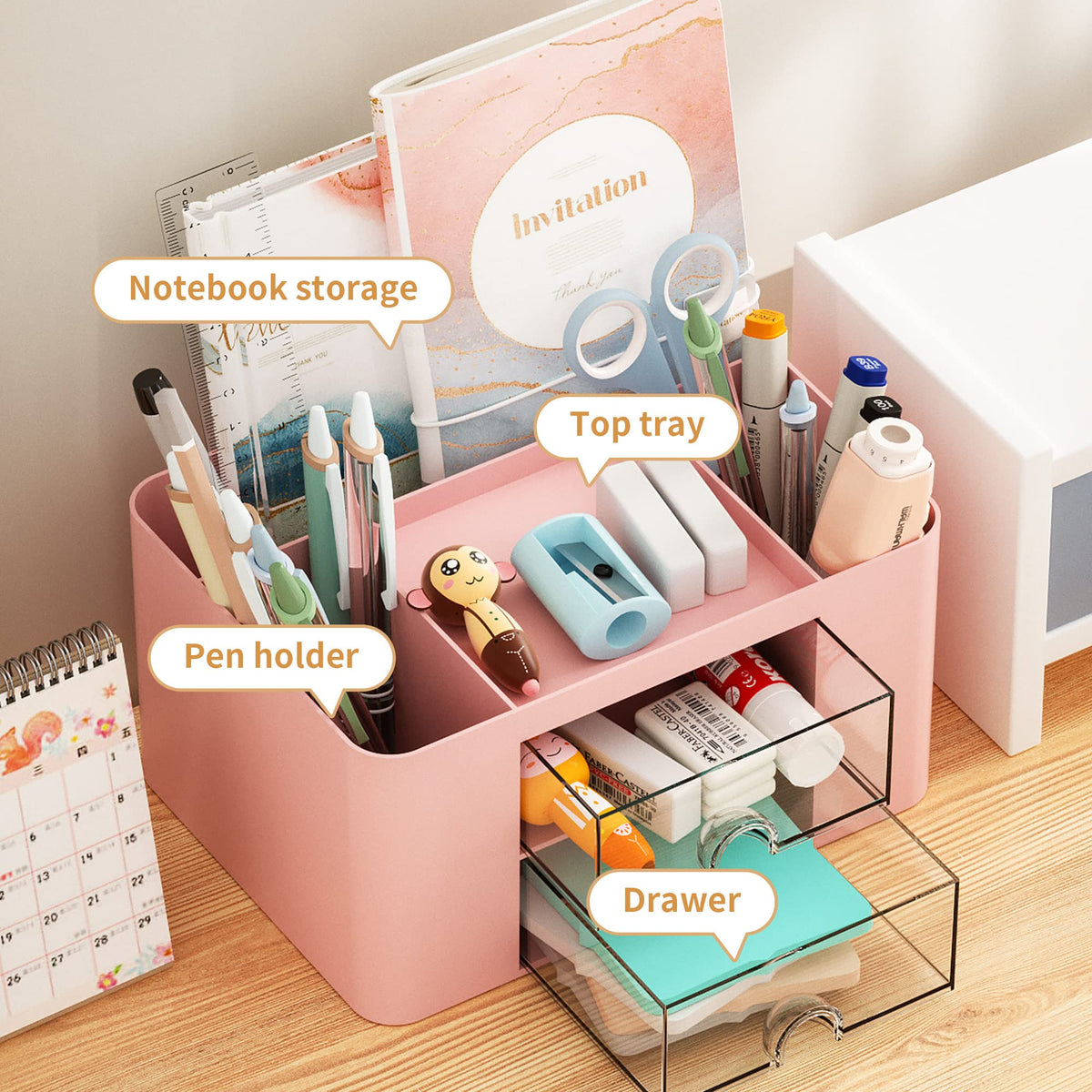 Marbrasse Schreibtisch Organizer mit Schubladen,Multifunktional Stiftehalter Schreibtisch mit 7 Fächer 2 Schubladen,Büro Organizer Zubehör(Rosa)
