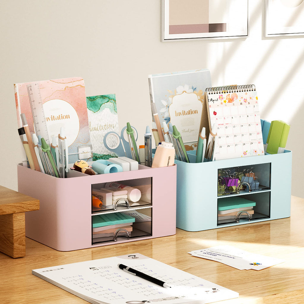 Marbrasse Schreibtisch Organizer mit Schubladen,Multifunktional Stiftehalter Schreibtisch mit 7 Fächer 2 Schubladen,Büro Organizer Zubehör(Rosa)