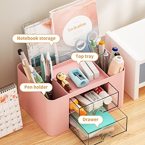 Marbrasse Schreibtisch Organizer mit Schubladen,Multifunktional Stiftehalter Schreibtisch mit 7 Fächer 2 Schubladen,Büro Organizer Zubehör(Rosa)