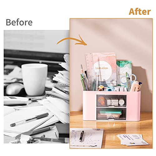 Marbrasse Schreibtisch Organizer mit Schubladen,Multifunktional Stiftehalter Schreibtisch mit 7 Fächer 2 Schubladen,Büro Organizer Zubehör(Rosa)