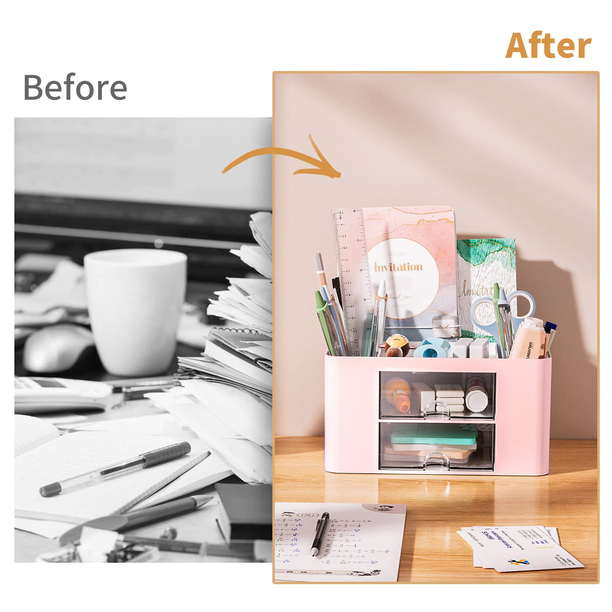 Marbrasse Schreibtisch Organizer mit Schubladen,Multifunktional Stiftehalter Schreibtisch mit 7 Fächer 2 Schubladen,Büro Organizer Zubehör(Rosa)