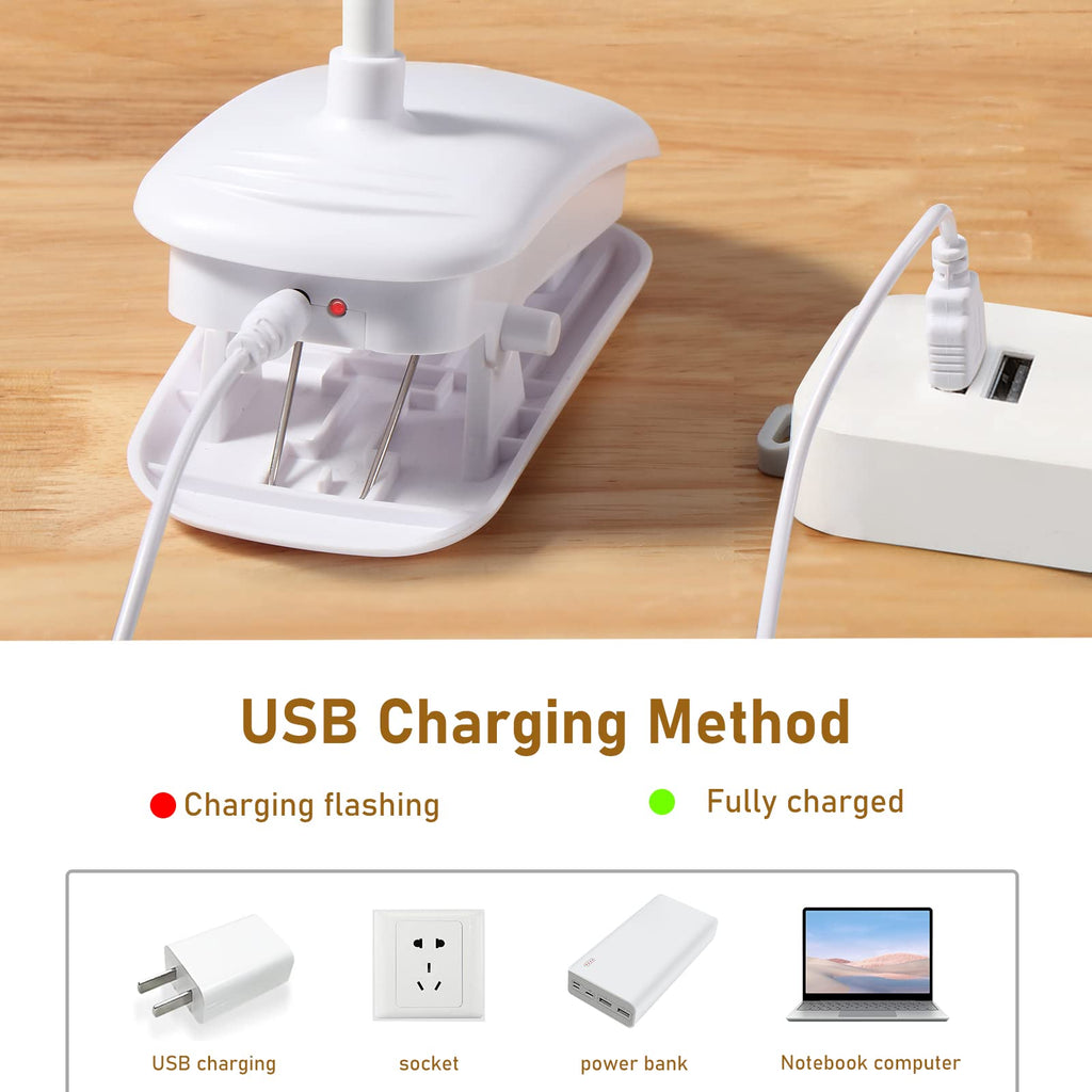 Diboniur Schreibtischlampe Klemmbar, Wiederaufladbare Nachttischlampe Touch Dimmbar, 3 Farben und dimmbar, 360° flexible Klemmleuchte Bett für Studium und Arbeit, Clip-on, USB-Anschluss