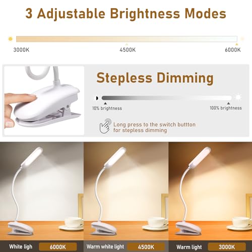 Diboniur Schreibtischlampe Klemmbar, Wiederaufladbare Nachttischlampe Touch Dimmbar, 3 Farben und dimmbar, 360° flexible Klemmleuchte Bett für Studium und Arbeit, Clip-on, USB-Anschluss