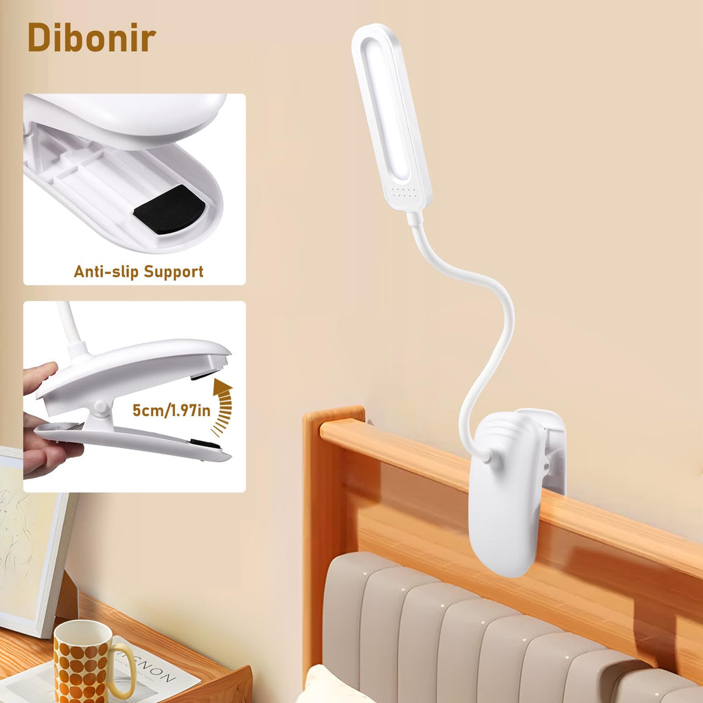 Diboniur Schreibtischlampe Klemmbar, Wiederaufladbare Nachttischlampe Touch Dimmbar, 3 Farben und dimmbar, 360° flexible Klemmleuchte Bett für Studium und Arbeit, Clip-on, USB-Anschluss
