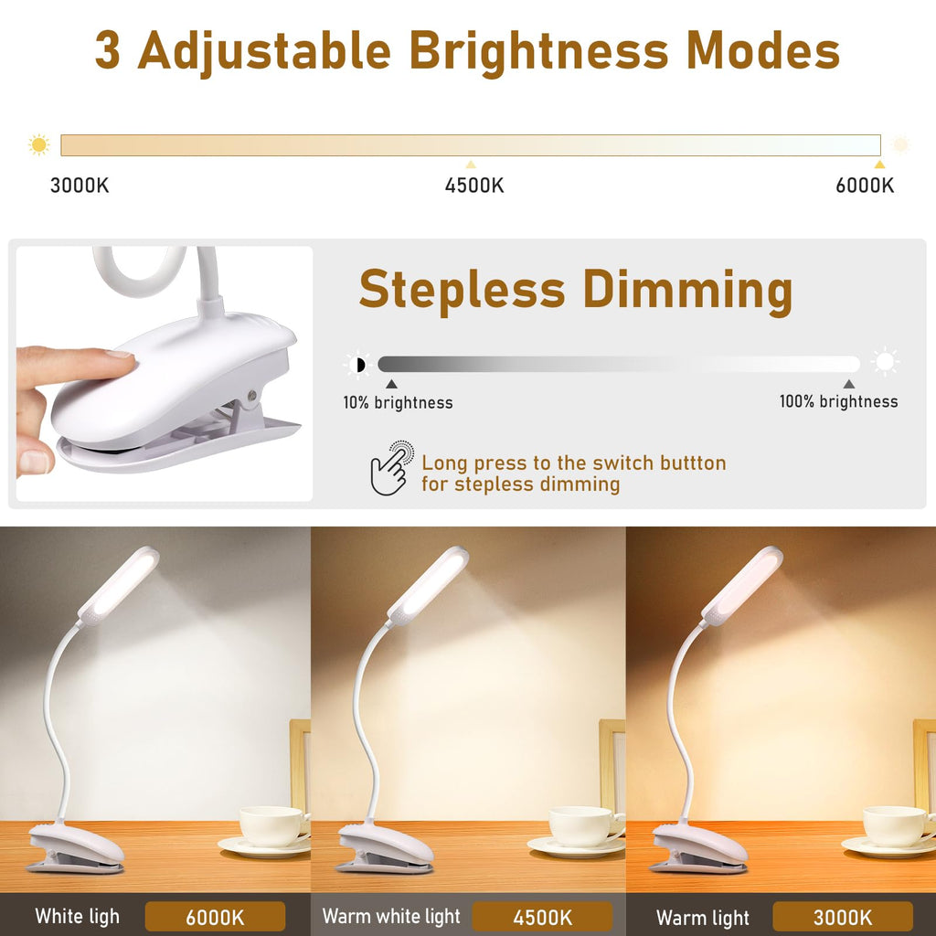 Diboniur Schreibtischlampe Klemmbar, Wiederaufladbare Nachttischlampe Touch Dimmbar, 3 Farben und dimmbar, 360° flexible Klemmleuchte Bett für Studium und Arbeit, Clip-on, USB-Anschluss