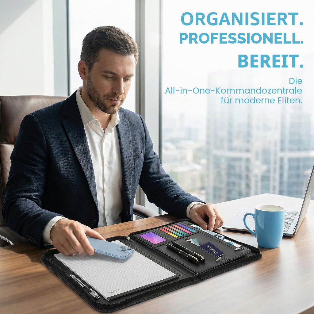 Schreibmappe A4 mit Reißverschluss, Konferenzmappe mit 1 A4 Notizblock Dokumentenmappe Aktenmappe mit Notizblock Mappe für Meeting, Business ikl.1 Kugelschreiber für Business, Meeting, Büro