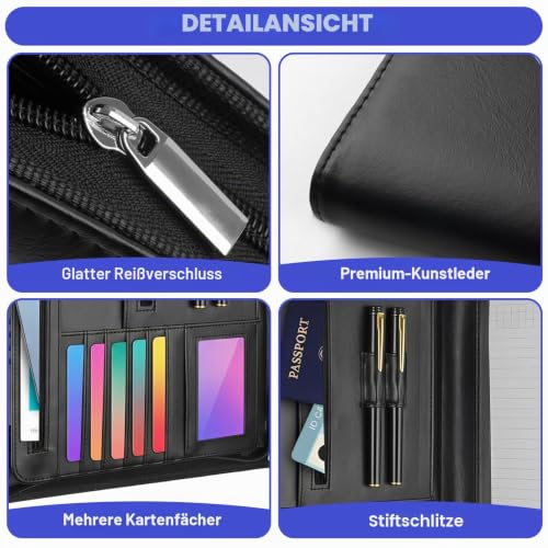 Schreibmappe A4 mit Reißverschluss, Konferenzmappe mit 1 A4 Notizblock Dokumentenmappe Aktenmappe mit Notizblock Mappe für Meeting, Business ikl.1 Kugelschreiber für Business, Meeting, Büro