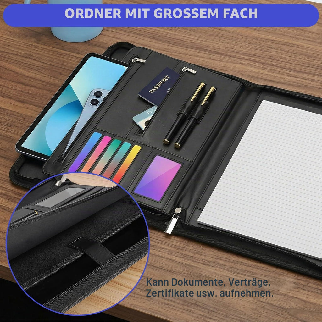 Schreibmappe A4 mit Reißverschluss, Konferenzmappe mit 1 A4 Notizblock Dokumentenmappe Aktenmappe mit Notizblock Mappe für Meeting, Business ikl.1 Kugelschreiber für Business, Meeting, Büro