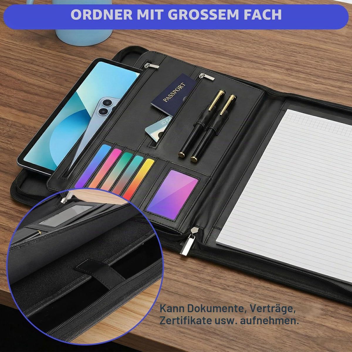 Schreibmappe A4 mit Reißverschluss, Konferenzmappe mit 1 A4 Notizblock Dokumentenmappe Aktenmappe mit Notizblock Mappe für Meeting, Business ikl.1 Kugelschreiber für Business, Meeting, Büro