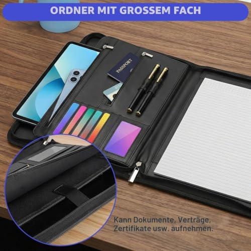 Schreibmappe A4 mit Reißverschluss, Konferenzmappe mit 1 A4 Notizblock Dokumentenmappe Aktenmappe mit Notizblock Mappe für Meeting, Business ikl.1 Kugelschreiber für Business, Meeting, Büro