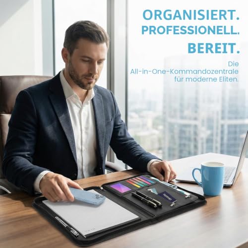 Schreibmappe A4 mit Reißverschluss, Konferenzmappe mit 1 A4 Notizblock Dokumentenmappe Aktenmappe mit Notizblock Mappe für Meeting, Business ikl.1 Kugelschreiber für Business, Meeting, Büro