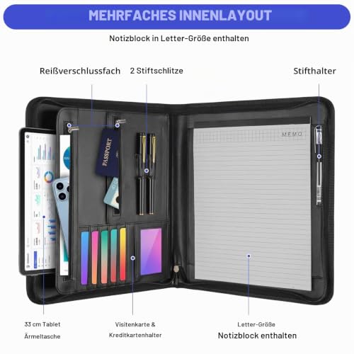 Schreibmappe A4 mit Reißverschluss, Konferenzmappe mit 1 A4 Notizblock Dokumentenmappe Aktenmappe mit Notizblock Mappe für Meeting, Business ikl.1 Kugelschreiber für Business, Meeting, Büro
