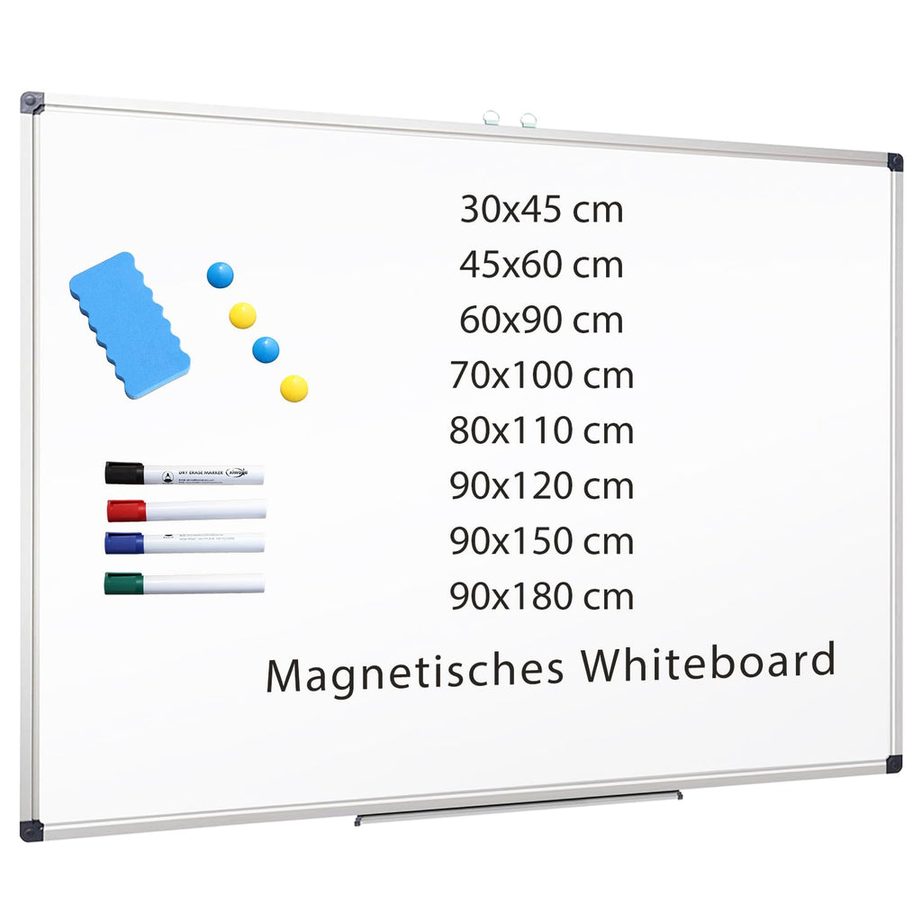 XIWODE Magnetisches Whiteboard 90x60 – Große Magnettafel zum Aufhängen 60 x 90 cm, Silberner Alurahmen, Abwischbare Magnetwand und Stiftablage, Magnetic Tafel für Schule, Haus & Büro