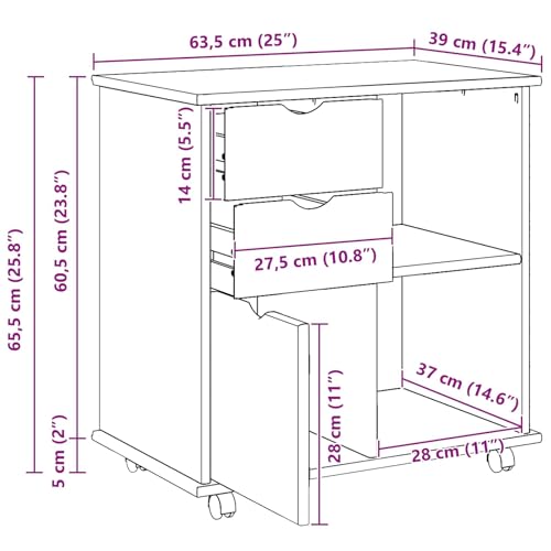Makastle Rollschrank für Homeoffice 63,5 x 39 x 65,5 cm Braun Massivholz Kiefer mit Schubladen und Rollen