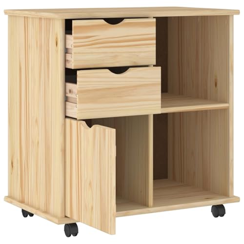Makastle Rollschrank für Homeoffice 63,5 x 39 x 65,5 cm Braun Massivholz Kiefer mit Schubladen und Rollen