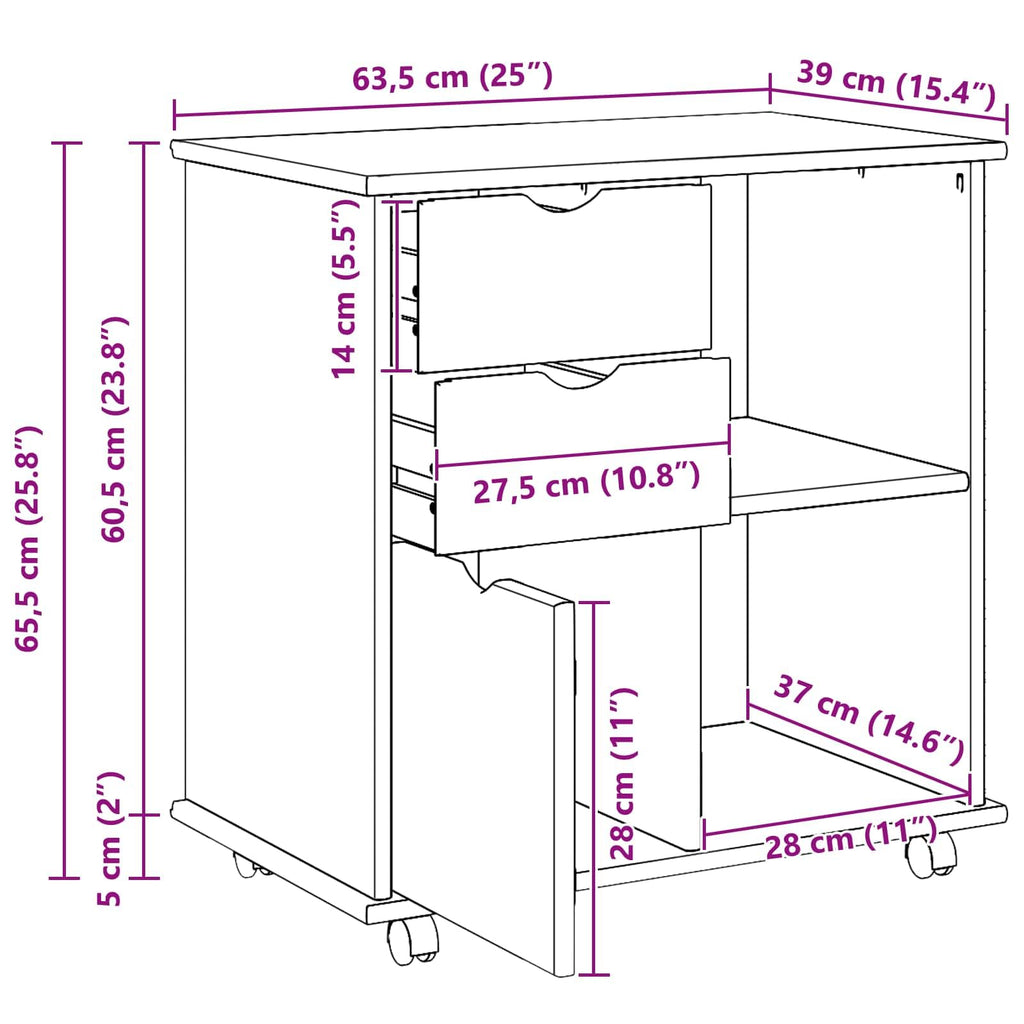 Makastle Rollschrank für Homeoffice 63,5 x 39 x 65,5 cm Braun Massivholz Kiefer mit Schubladen und Rollen