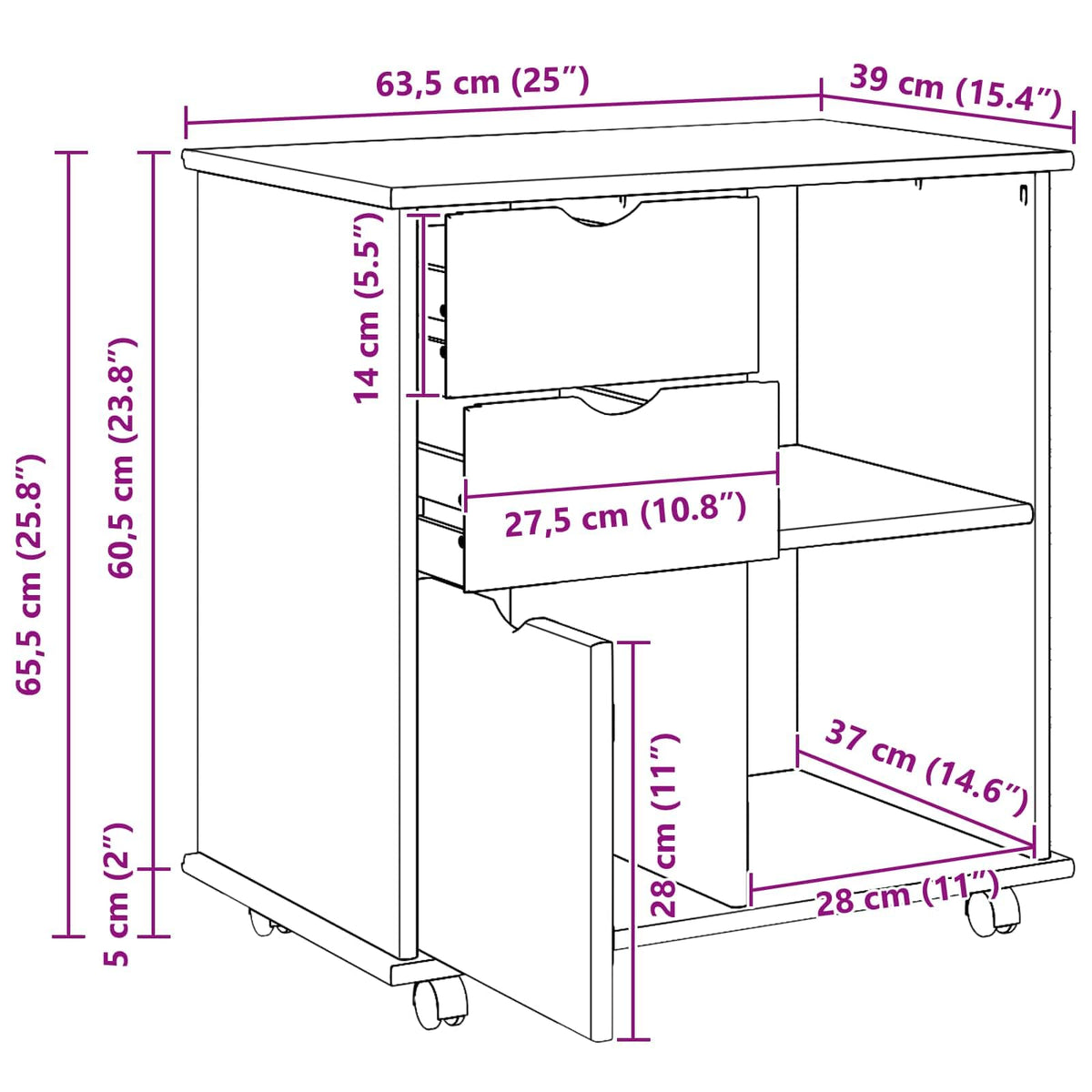 Makastle Rollschrank für Homeoffice 63,5 x 39 x 65,5 cm Braun Massivholz Kiefer mit Schubladen und Rollen