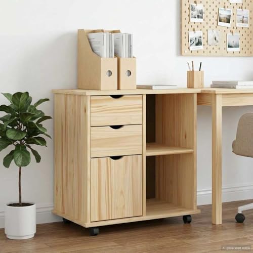 Makastle Rollschrank für Homeoffice 63,5 x 39 x 65,5 cm Braun Massivholz Kiefer mit Schubladen und Rollen