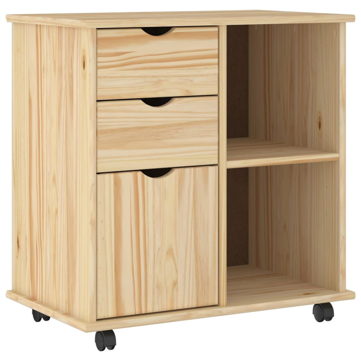 Makastle Rollschrank für Homeoffice 63,5 x 39 x 65,5 cm Braun Massivholz Kiefer mit Schubladen und Rollen