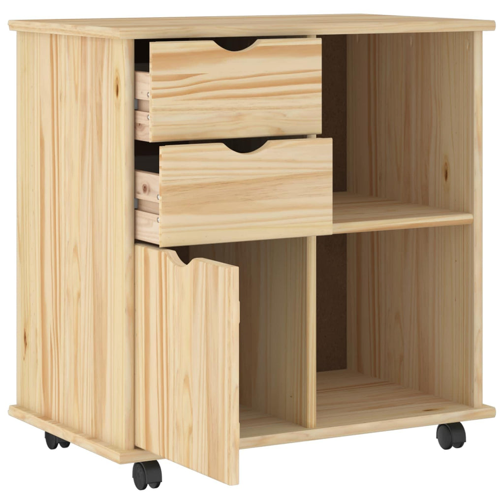 Makastle Rollschrank für Homeoffice 63,5 x 39 x 65,5 cm Braun Massivholz Kiefer mit Schubladen und Rollen