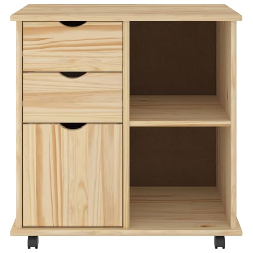Makastle Rollschrank für Homeoffice 63,5 x 39 x 65,5 cm Braun Massivholz Kiefer mit Schubladen und Rollen