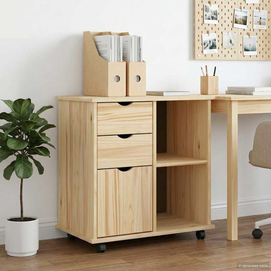 Makastle Rollschrank für Homeoffice 63,5 x 39 x 65,5 cm Braun Massivholz Kiefer mit Schubladen und Rollen