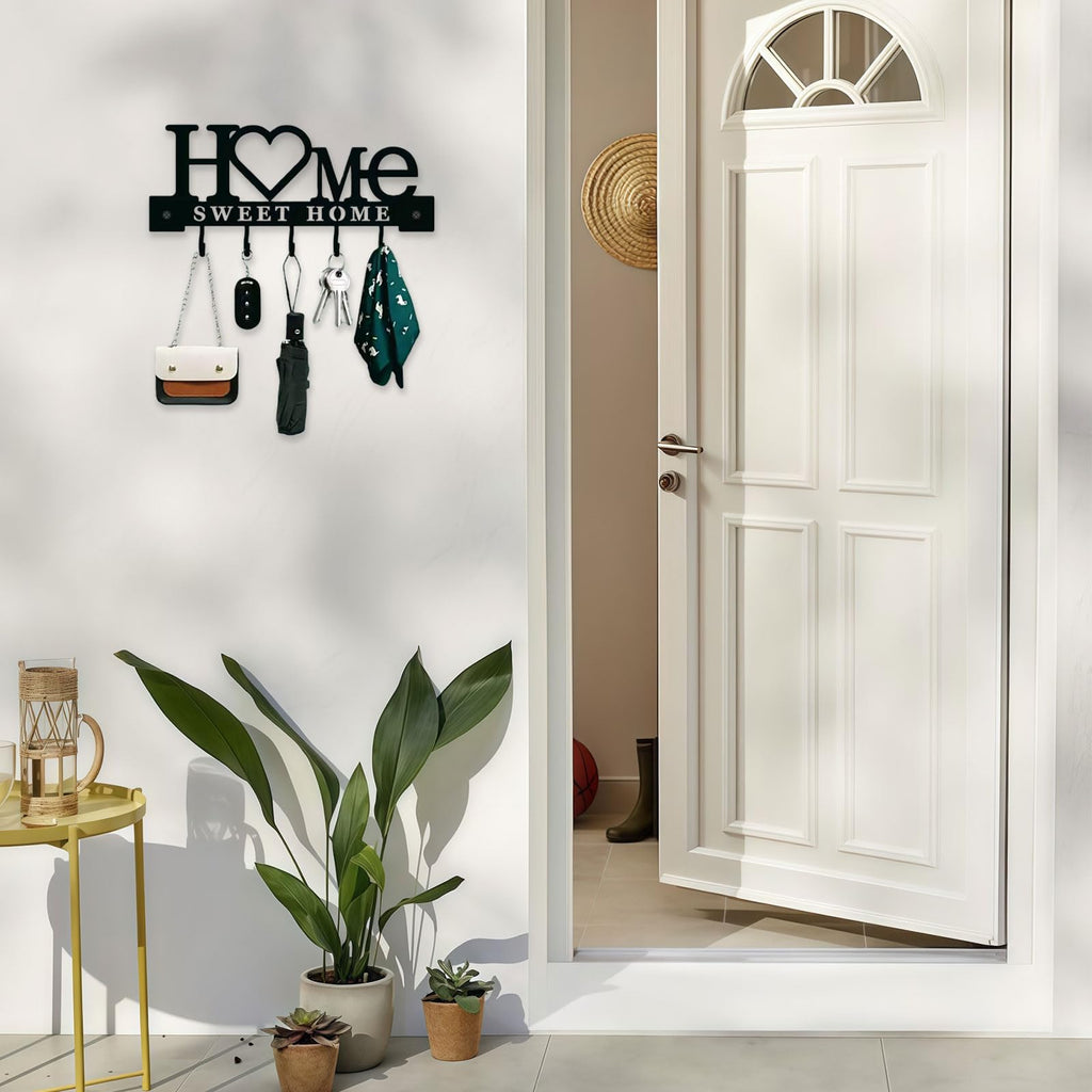 Schlüsselbrett Modern aus Metall mit Hakenleiste Schlüsselhalter Wand mit 5 Schlüsselhaken und Wandgarderobe für Flur, Wohnung, Wohnzimmer