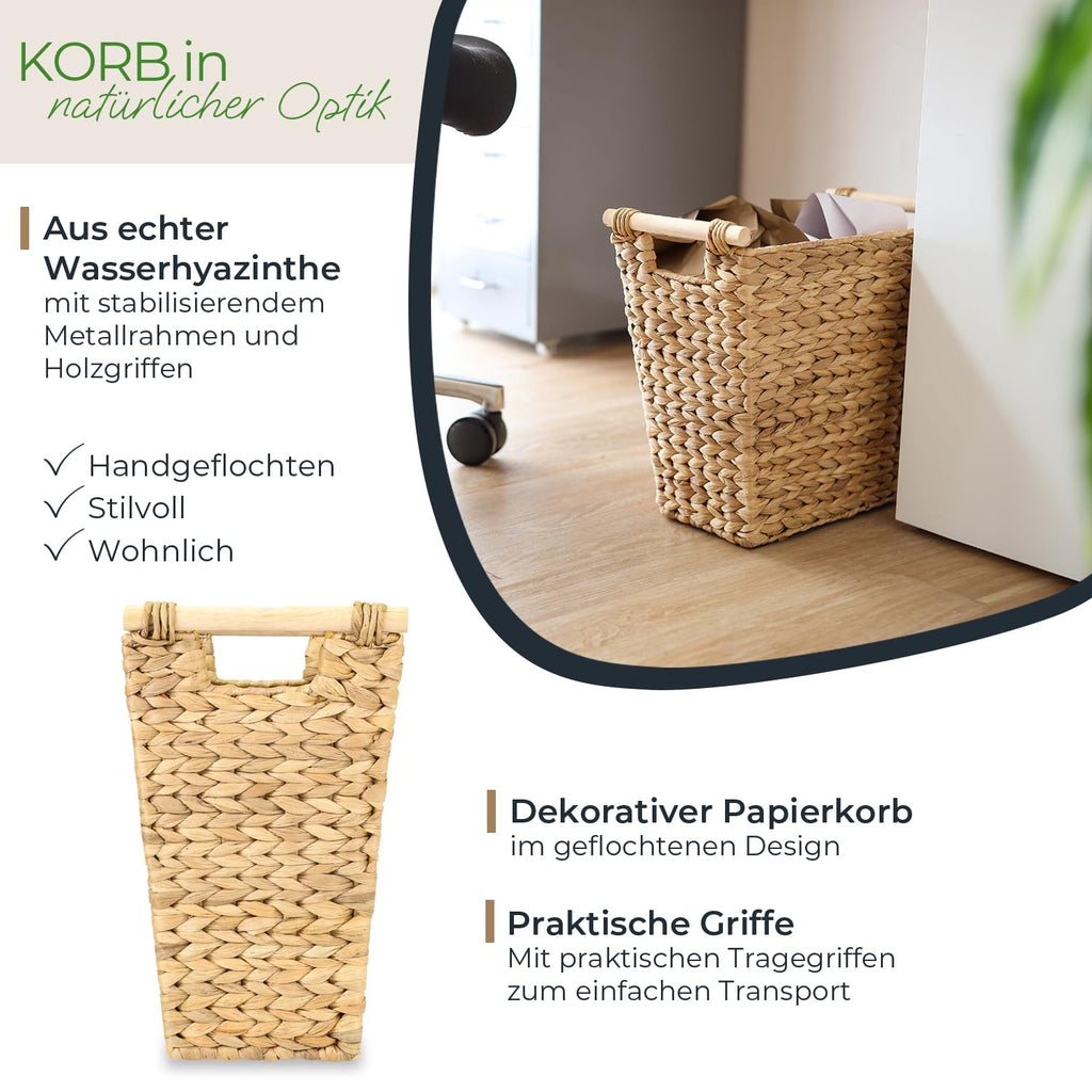 HMF Papierkorb Büro, trapezförmiger Aufbewahrungskorb mit Holzgriffen geflochten aus Wasserhyazinthe, 36 x 19 x 33 cm, Naturfarben