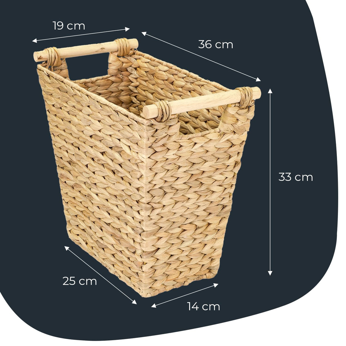 HMF Papierkorb Büro, trapezförmiger Aufbewahrungskorb mit Holzgriffen geflochten aus Wasserhyazinthe, 36 x 19 x 33 cm, Naturfarben