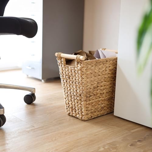 HMF Papierkorb Büro, trapezförmiger Aufbewahrungskorb mit Holzgriffen geflochten aus Wasserhyazinthe, 36 x 19 x 33 cm, Naturfarben