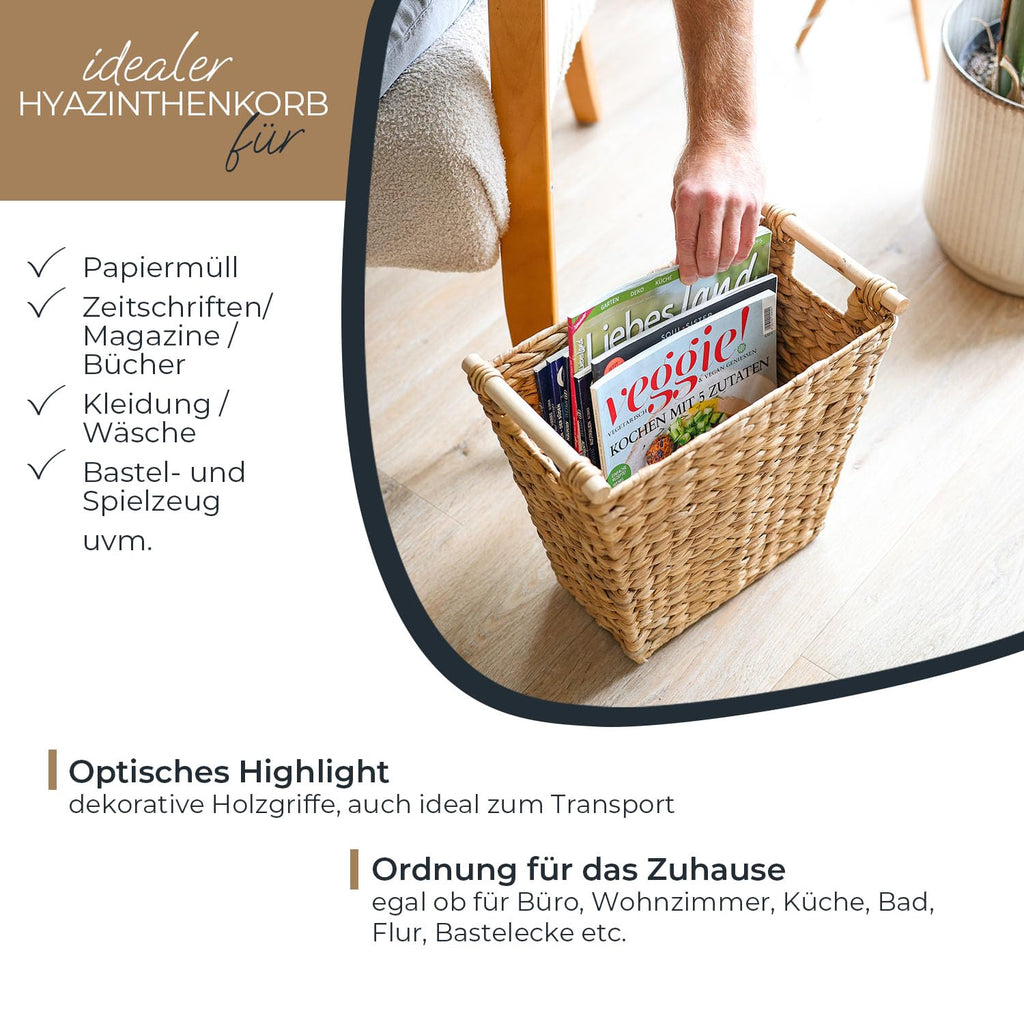 HMF Papierkorb Büro, trapezförmiger Aufbewahrungskorb mit Holzgriffen geflochten aus Wasserhyazinthe, 36 x 19 x 33 cm, Naturfarben